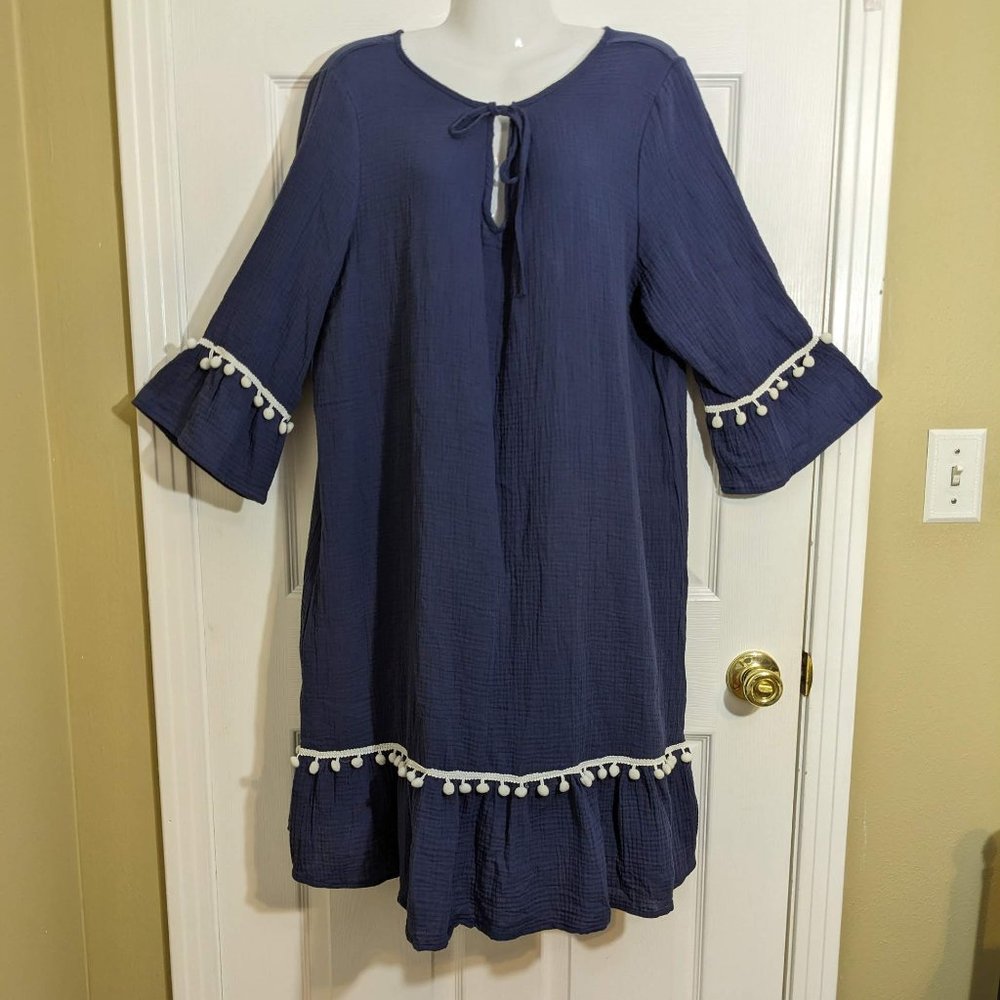 KOANDAILY Navy Pom-Pom Bell Sleeves Boho Midi Dress - size 3XL* NWT